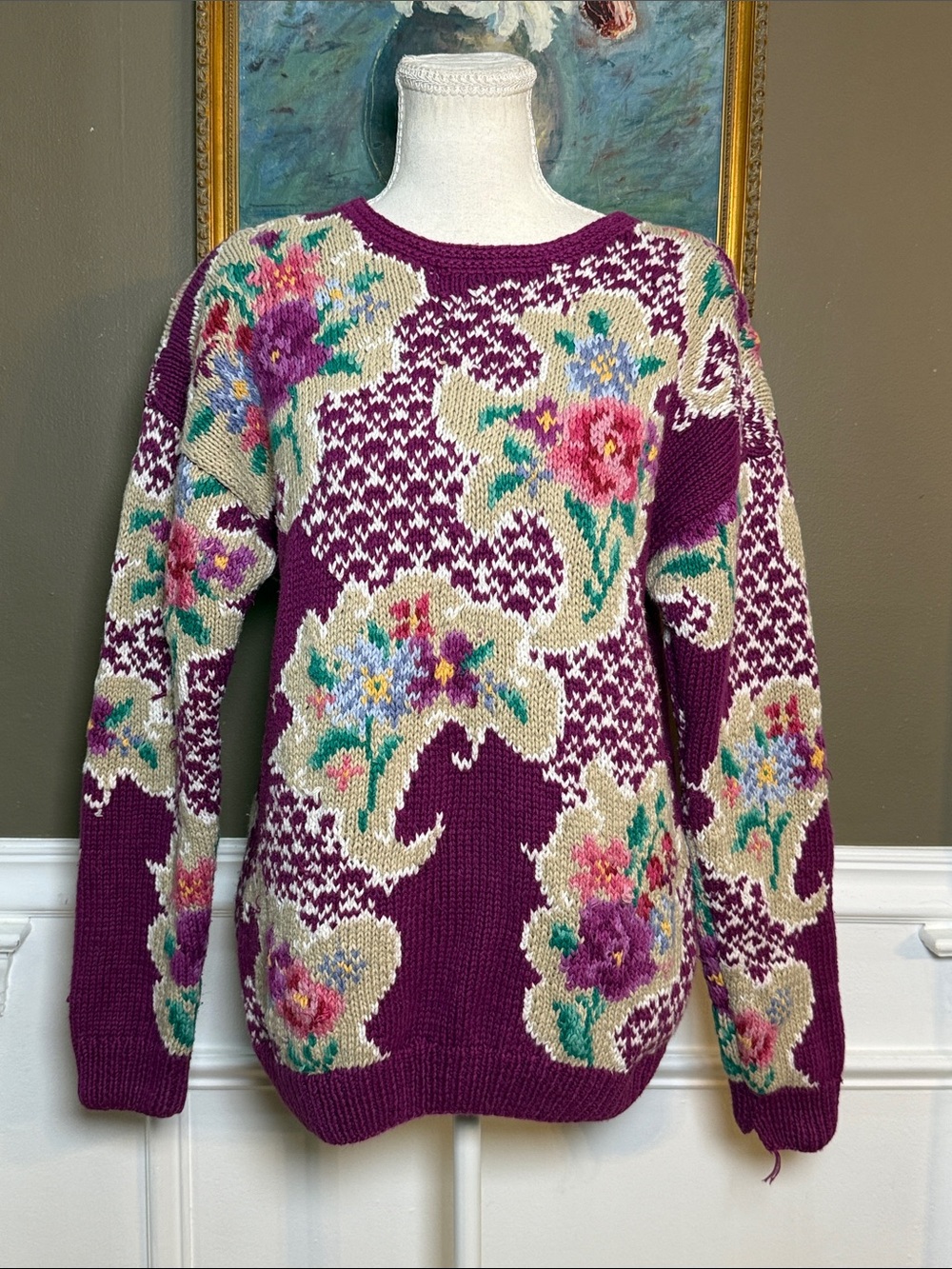 Vintage Signature Northern Isles Hand Knit Floral Ramie Cotton Sweater L